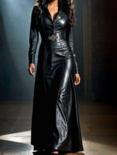 Vestido de Couro Longo com Manga Longa