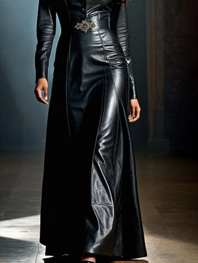 Vestido de Couro Longo com Manga Longa